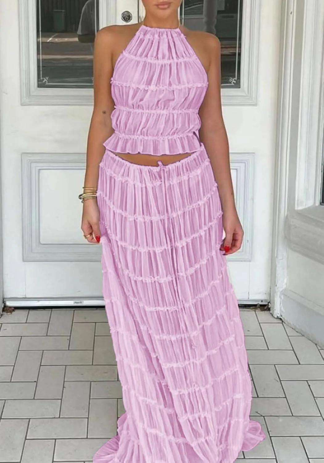LETSVDO Skirt Sets Women 2 Piece Outfits Backless Halter Top And Pleated Ruffle Flowy Maxi Skirts Y2k Beach Vacation Set