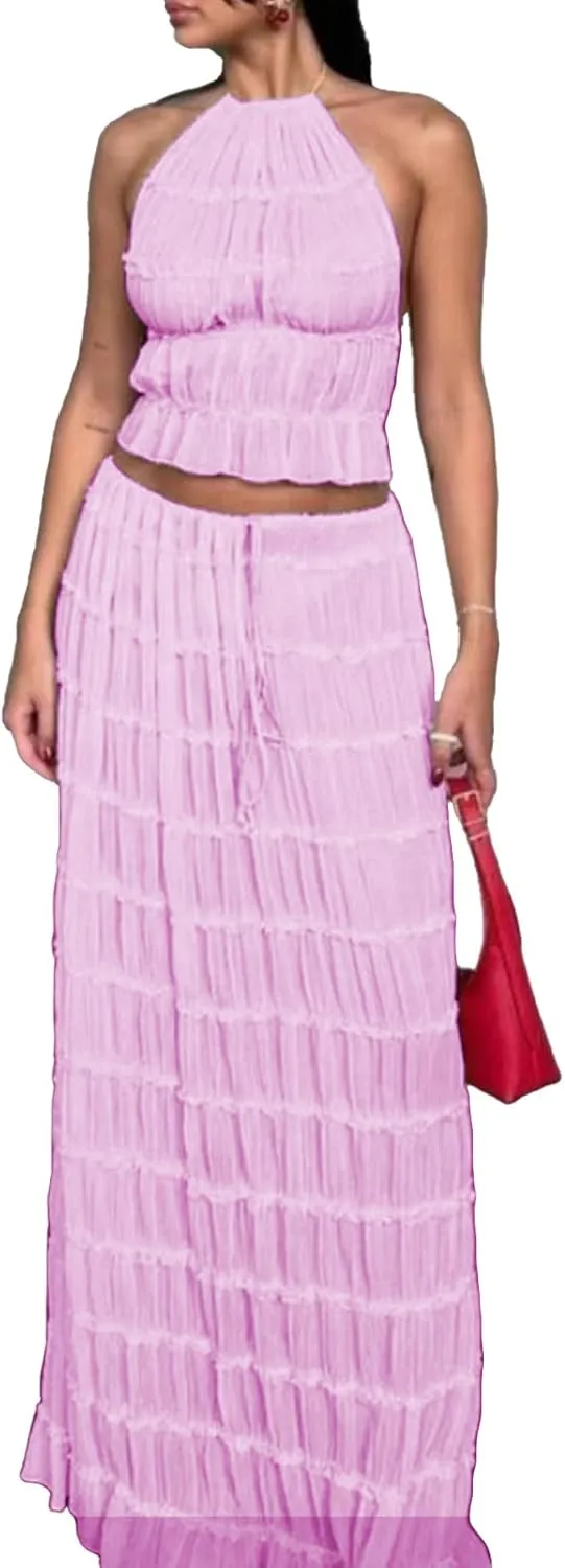 LETSVDO Skirt Sets Women 2 Piece Outfits Backless Halter Top And Pleated Ruffle Flowy Maxi Skirts Y2k Beach Vacation Set