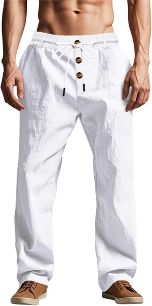 Linen Pants for Men Summer Lightweight Plain Casual Pants Beach Vacation Slacks Loose Fit Drawstring Waist Trousers
