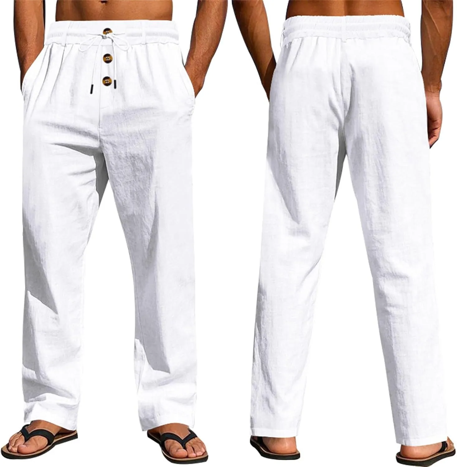 Linen Pants for Men Summer Lightweight Plain Casual Pants Beach Vacation Slacks Loose Fit Drawstring Waist Trousers