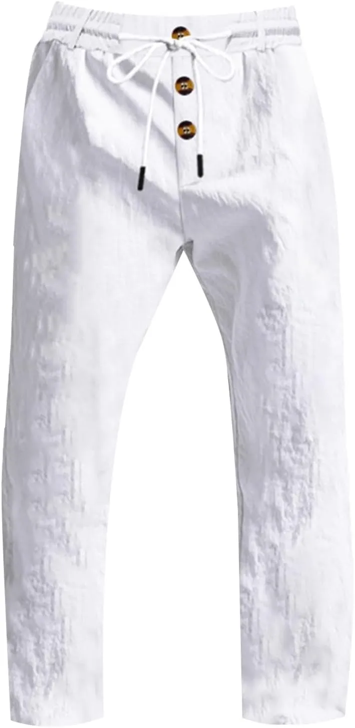 Linen Pants for Men Summer Lightweight Plain Casual Pants Beach Vacation Slacks Loose Fit Drawstring Waist Trousers