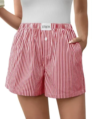 LOMON Boxer Shorts for Women Summer Gingham Cotton Pajamas 2025 Lounge Sleep Pj Plaid Shorts Y2K Beach Bottoms with Pockets