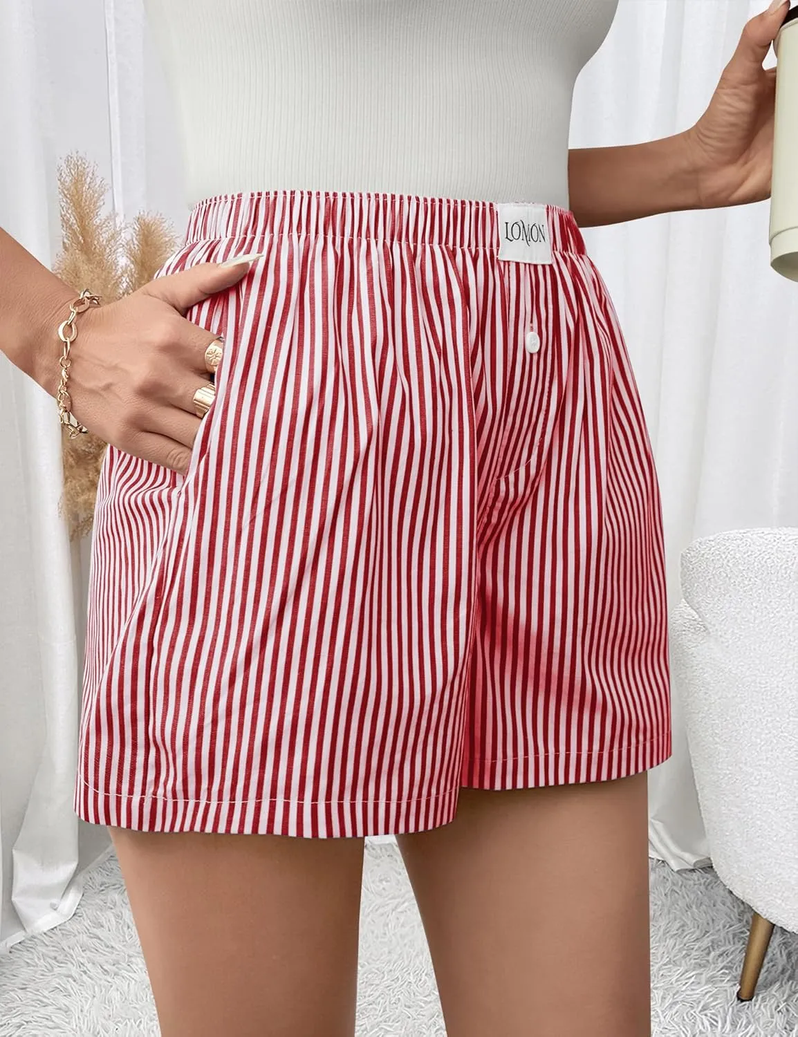 LOMON Boxer Shorts for Women Summer Gingham Cotton Pajamas 2025 Lounge Sleep Pj Plaid Shorts Y2K Beach Bottoms with Pockets