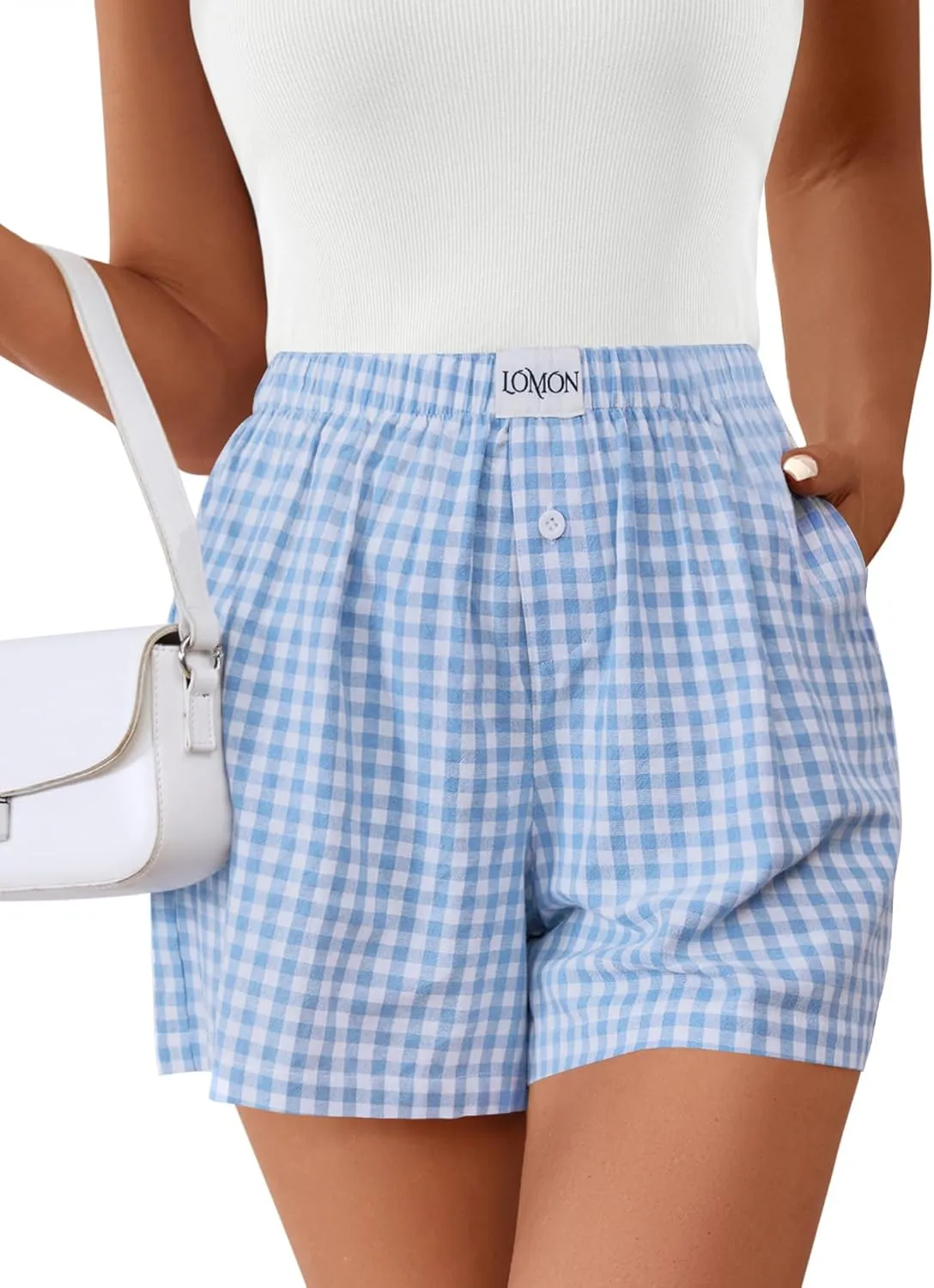 LOMON Boxer Shorts for Women Summer Gingham Cotton Pajamas 2025 Lounge Sleep Pj Plaid Shorts Y2K Beach Bottoms with Pockets