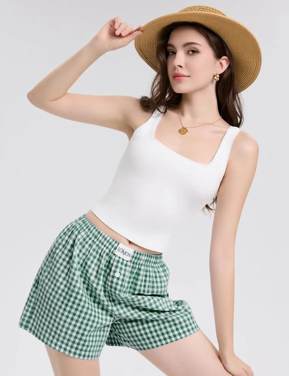 LOMON Boxer Shorts for Women Summer Gingham Cotton Pajamas 2025 Lounge Sleep Pj Plaid Shorts Y2K Beach Bottoms with Pockets