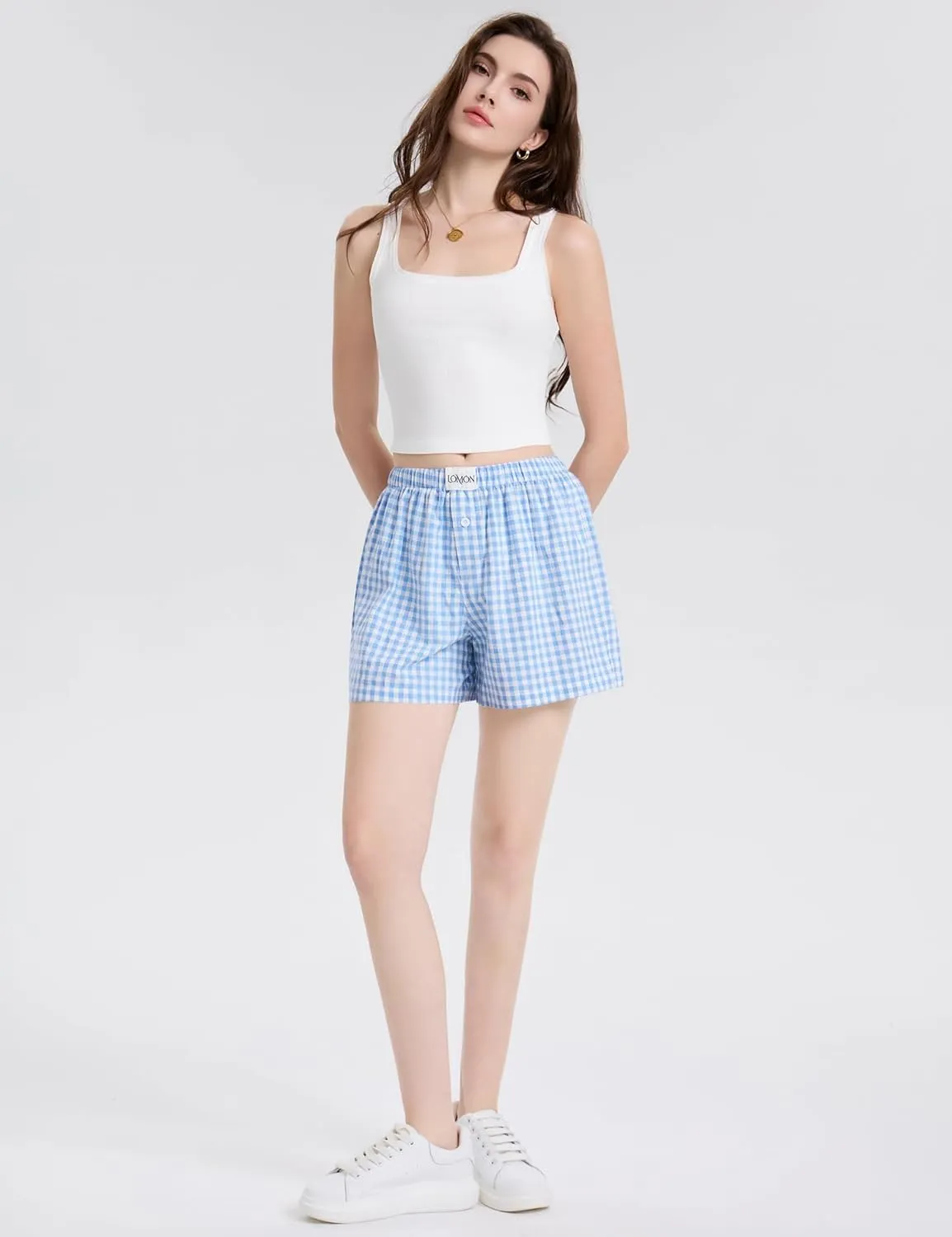 LOMON Boxer Shorts for Women Summer Gingham Cotton Pajamas 2025 Lounge Sleep Pj Plaid Shorts Y2K Beach Bottoms with Pockets