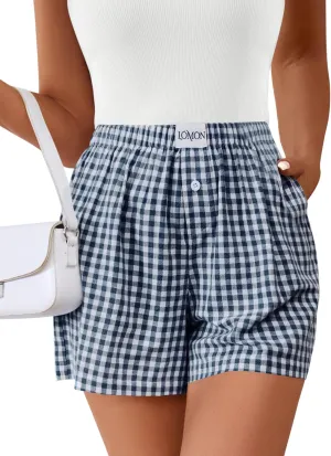 LOMON Boxer Shorts for Women Summer Gingham Cotton Pajamas 2025 Lounge Sleep Pj Plaid Shorts Y2K Beach Bottoms with Pockets