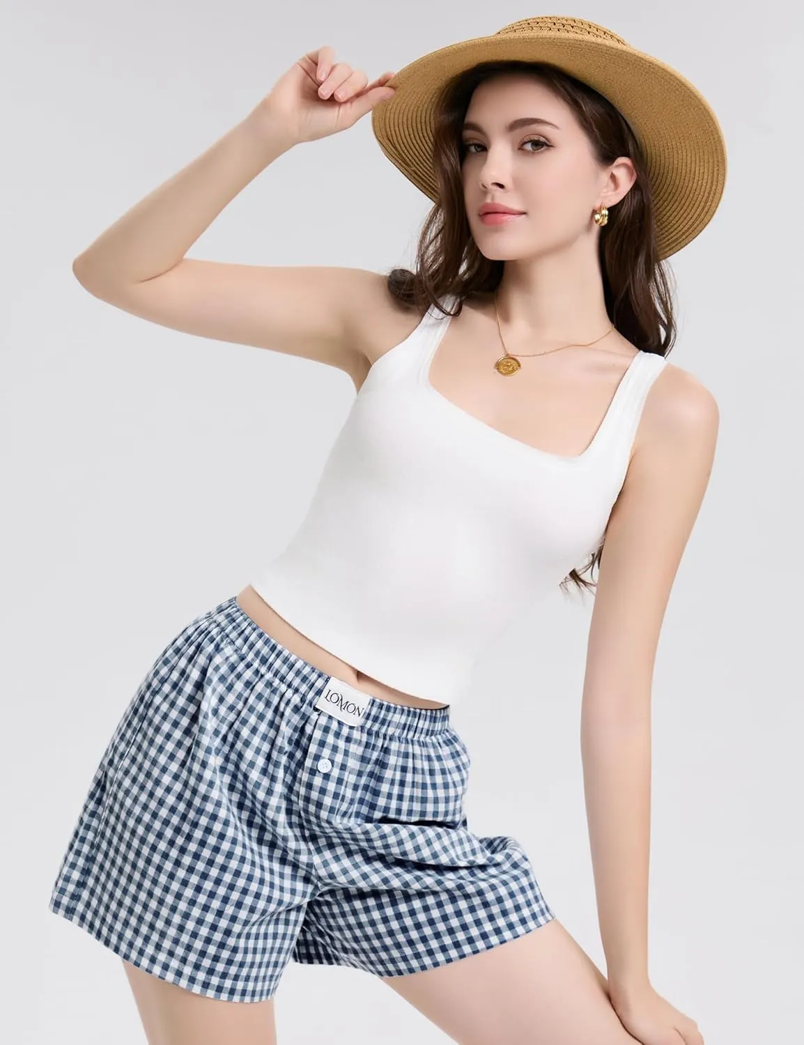 LOMON Boxer Shorts for Women Summer Gingham Cotton Pajamas 2025 Lounge Sleep Pj Plaid Shorts Y2K Beach Bottoms with Pockets