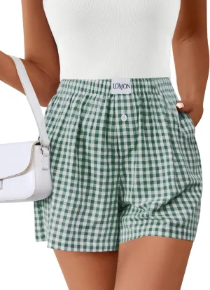 LOMON Boxer Shorts for Women Summer Gingham Cotton Pajamas 2025 Lounge Sleep Pj Plaid Shorts Y2K Beach Bottoms with Pockets