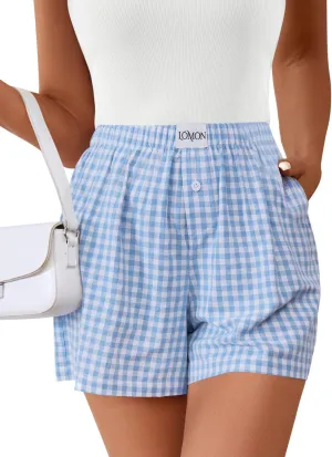LOMON Boxer Shorts for Women Summer Gingham Cotton Pajamas 2025 Lounge Sleep Pj Plaid Shorts Y2K Beach Bottoms with Pockets