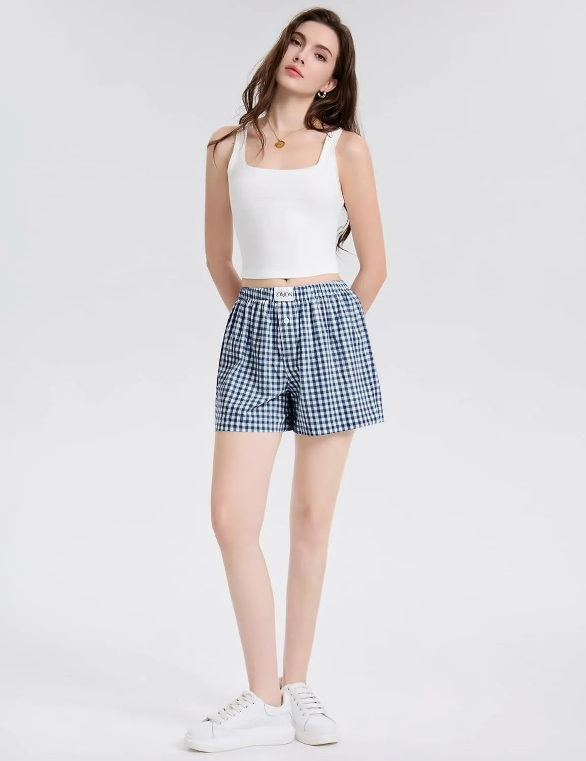 LOMON Boxer Shorts for Women Summer Gingham Cotton Pajamas 2025 Lounge Sleep Pj Plaid Shorts Y2K Beach Bottoms with Pockets