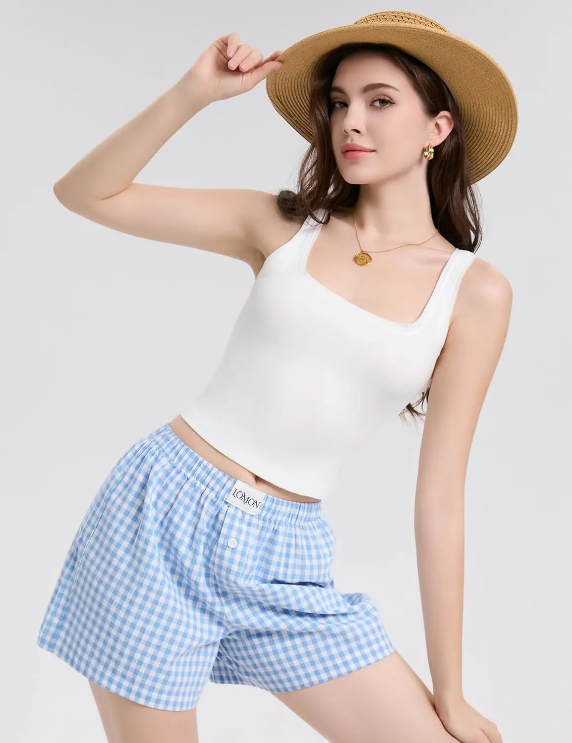LOMON Boxer Shorts for Women Summer Gingham Cotton Pajamas 2025 Lounge Sleep Pj Plaid Shorts Y2K Beach Bottoms with Pockets