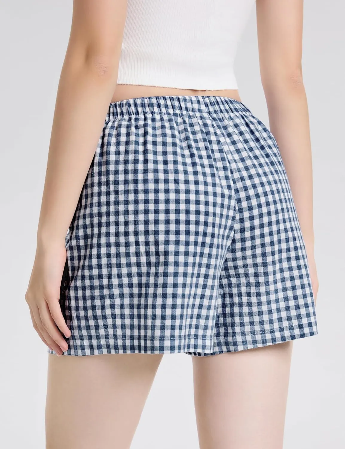 LOMON Boxer Shorts for Women Summer Gingham Cotton Pajamas 2025 Lounge Sleep Pj Plaid Shorts Y2K Beach Bottoms with Pockets