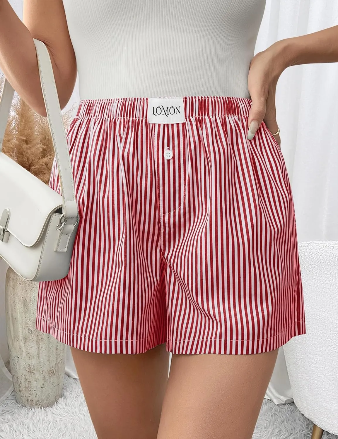 LOMON Boxer Shorts for Women Summer Gingham Cotton Pajamas 2025 Lounge Sleep Pj Plaid Shorts Y2K Beach Bottoms with Pockets