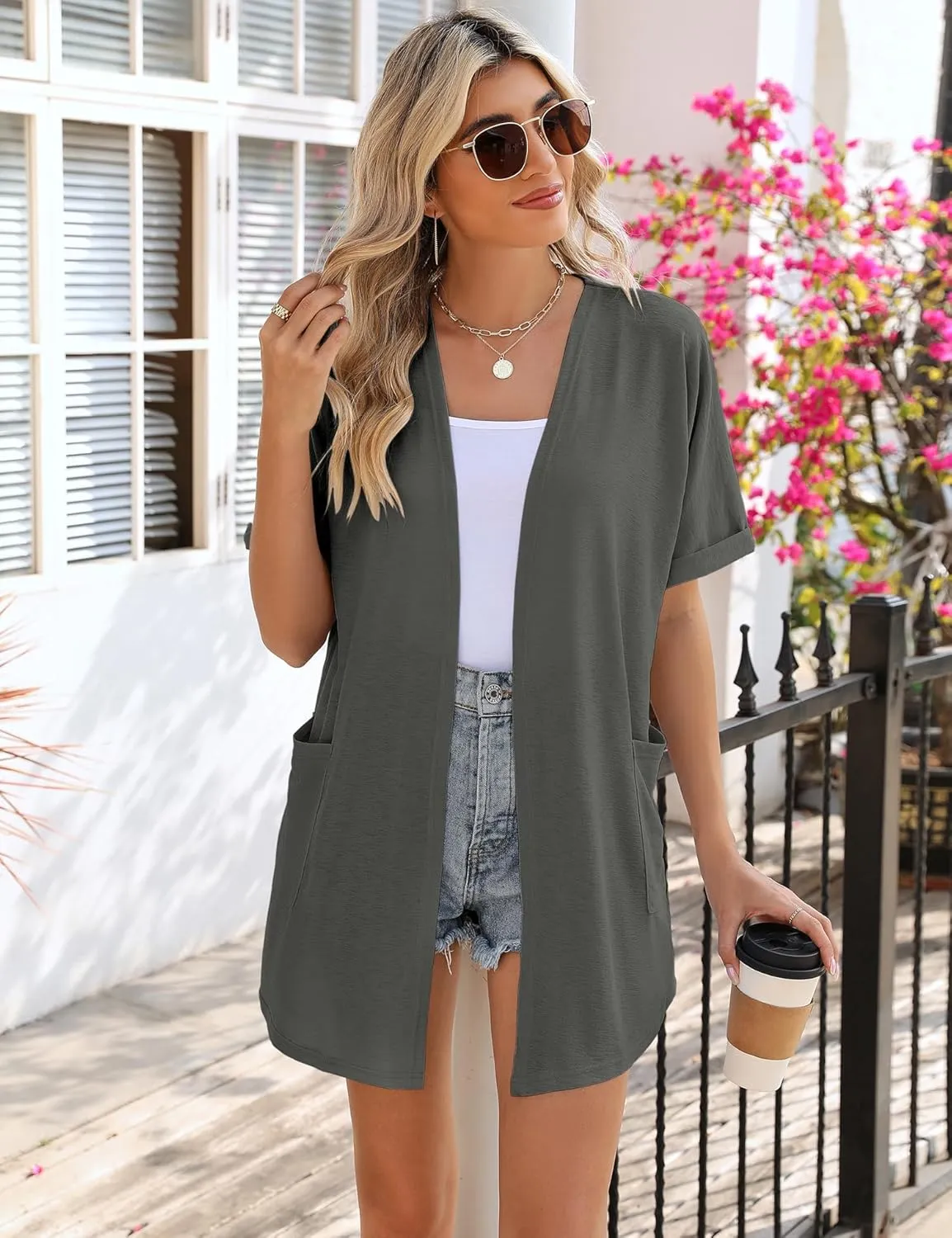 LOMON Women's Cardigans Open Front Lightweight Long Cardigan Summer Short Sleeve Casual Cover Ups with Pockets