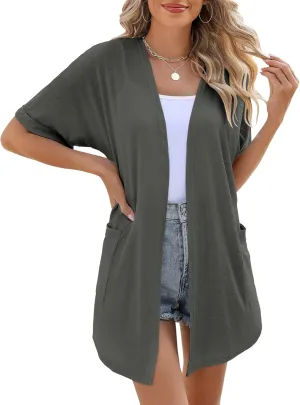 LOMON Women's Cardigans Open Front Lightweight Long Cardigan Summer Short Sleeve Casual Cover Ups with Pockets