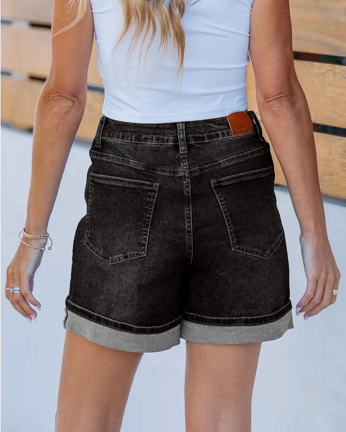 luvamia Jean Shorts for Women Trendy High Waisted Mid Thigh Fold Hem Cutoff Casual Summer Stretchy Denim Shorts Jorts