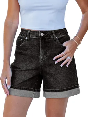 luvamia Jean Shorts for Women Trendy High Waisted Mid Thigh Fold Hem Cutoff Casual Summer Stretchy Denim Shorts Jorts
