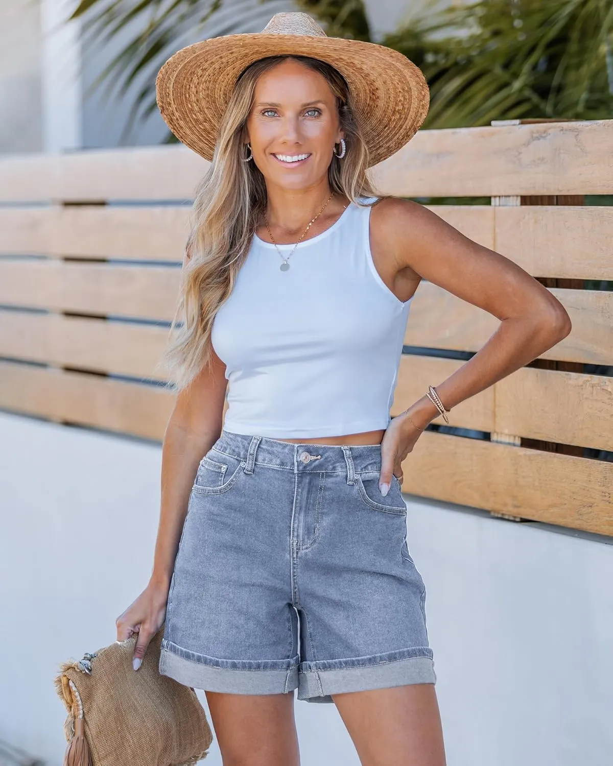 luvamia Jean Shorts for Women Trendy High Waisted Mid Thigh Fold Hem Cutoff Casual Summer Stretchy Denim Shorts Jorts