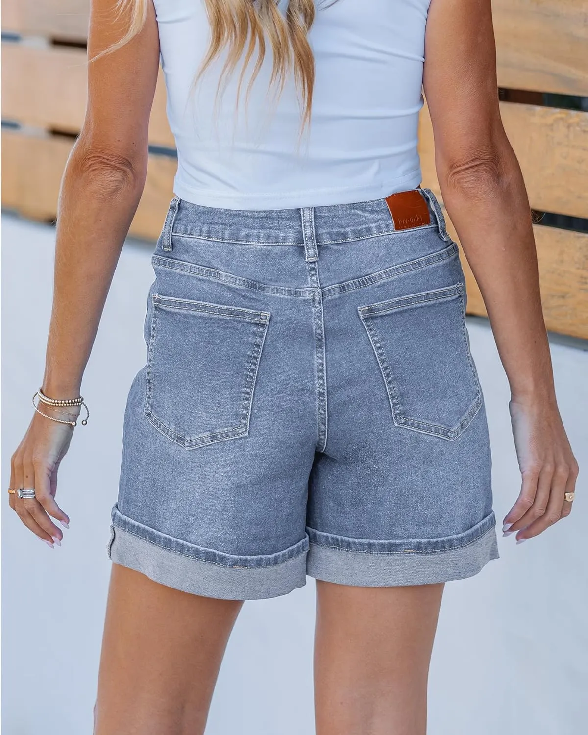 luvamia Jean Shorts for Women Trendy High Waisted Mid Thigh Fold Hem Cutoff Casual Summer Stretchy Denim Shorts Jorts