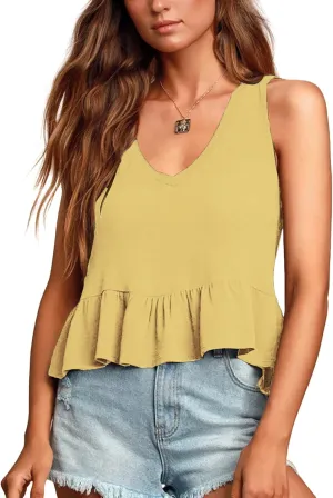 LYANER Women's Casual V Neck Peplum Ruffle Hem Sleeveless Babydoll Tank Top