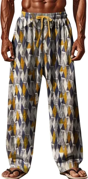 Men Casual Pants Vintage Print Slacks Summer Gradient Casual Vacation Beach Pants Plus Size Drawstring Waist Trousers