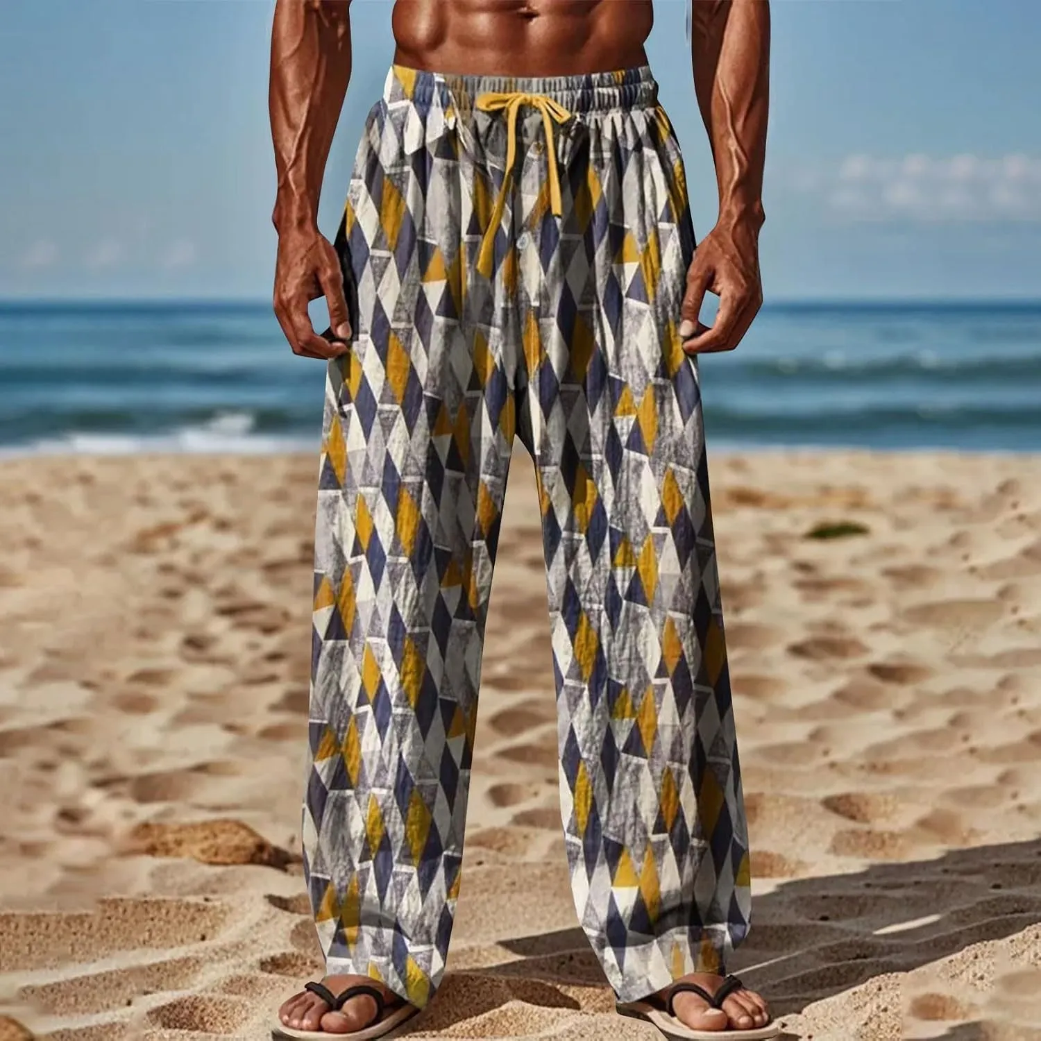 Men Casual Pants Vintage Print Slacks Summer Gradient Casual Vacation Beach Pants Plus Size Drawstring Waist Trousers