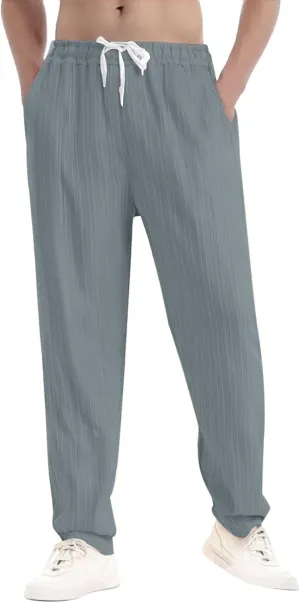 Men Linen Pants Lightweight Solid Vertical Striped Slacks Drawstring Straight Leg Casual Pant Vacation Beach Trousers