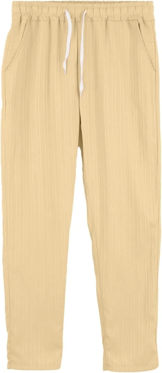 Men Linen Pants Lightweight Solid Vertical Striped Slacks Drawstring Straight Leg Casual Pant Vacation Beach Trousers