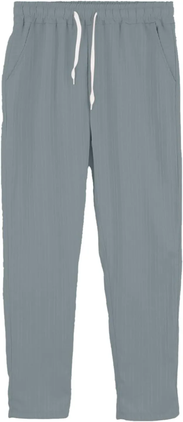 Men Linen Pants Lightweight Solid Vertical Striped Slacks Drawstring Straight Leg Casual Pant Vacation Beach Trousers