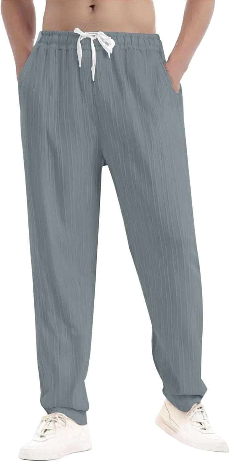 Men Linen Pants Lightweight Solid Vertical Striped Slacks Drawstring Straight Leg Casual Pant Vacation Beach Trousers