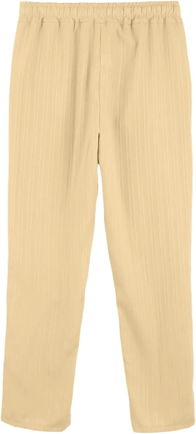 Men Linen Pants Lightweight Solid Vertical Striped Slacks Drawstring Straight Leg Casual Pant Vacation Beach Trousers