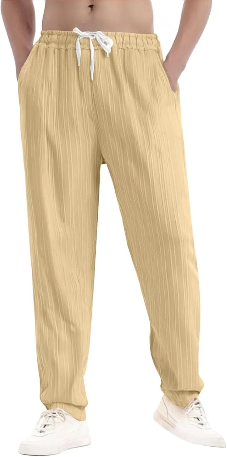 Men Linen Pants Lightweight Solid Vertical Striped Slacks Drawstring Straight Leg Casual Pant Vacation Beach Trousers