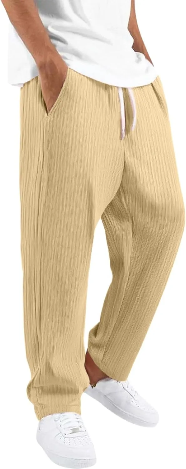 Men Linen Pants Lightweight Solid Vertical Striped Slacks Drawstring Straight Leg Casual Pant Vacation Beach Trousers