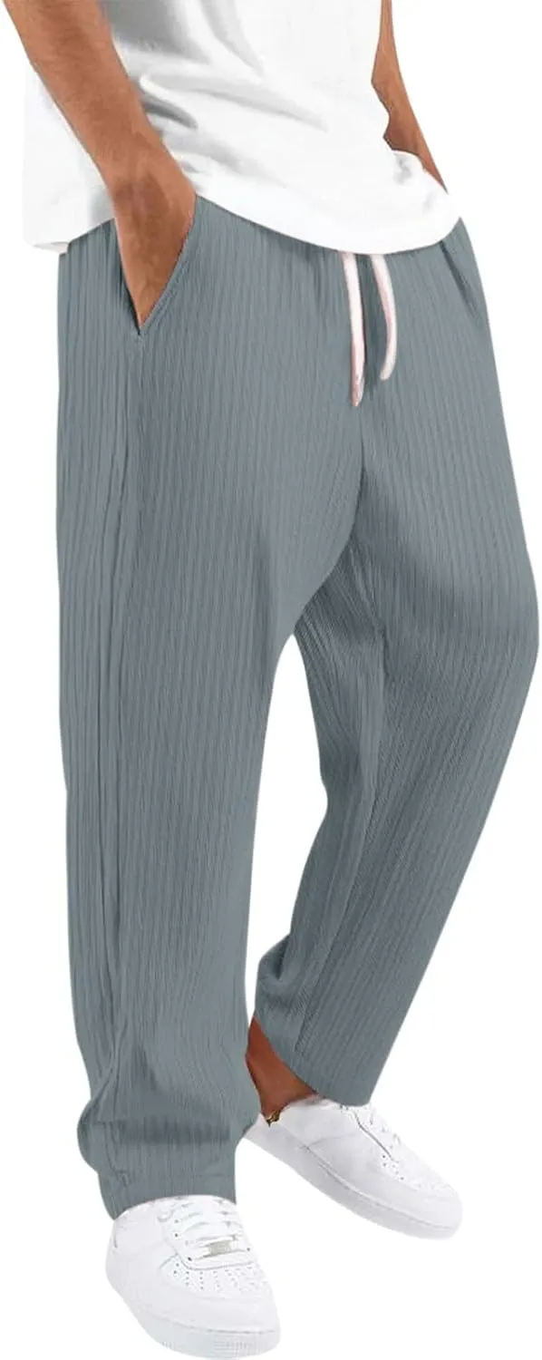 Men Linen Pants Lightweight Solid Vertical Striped Slacks Drawstring Straight Leg Casual Pant Vacation Beach Trousers