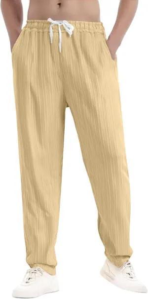 Men Linen Pants Lightweight Solid Vertical Striped Slacks Drawstring Straight Leg Casual Pant Vacation Beach Trousers