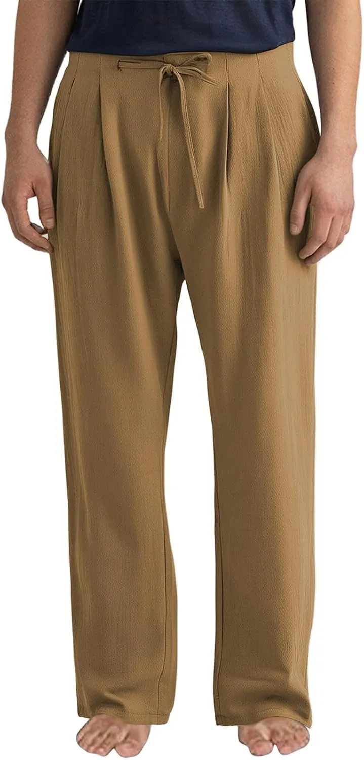 Men Linen Pants Plain Plus Size Flat Front Pants Lightweight Drawstring Waist Vacation Slacks Summer Casual Trousers