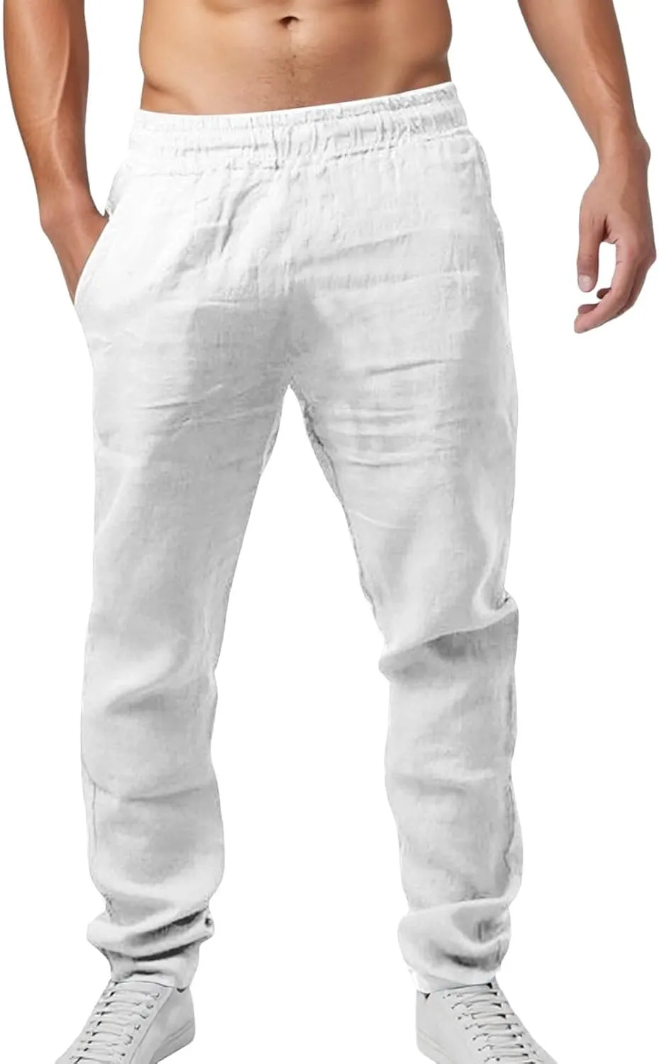 Men Linen Pants Solid Causal Pant Outdoor Vacation Beach Trousers Lightweight Open Bottom Waist Slacks for Summer