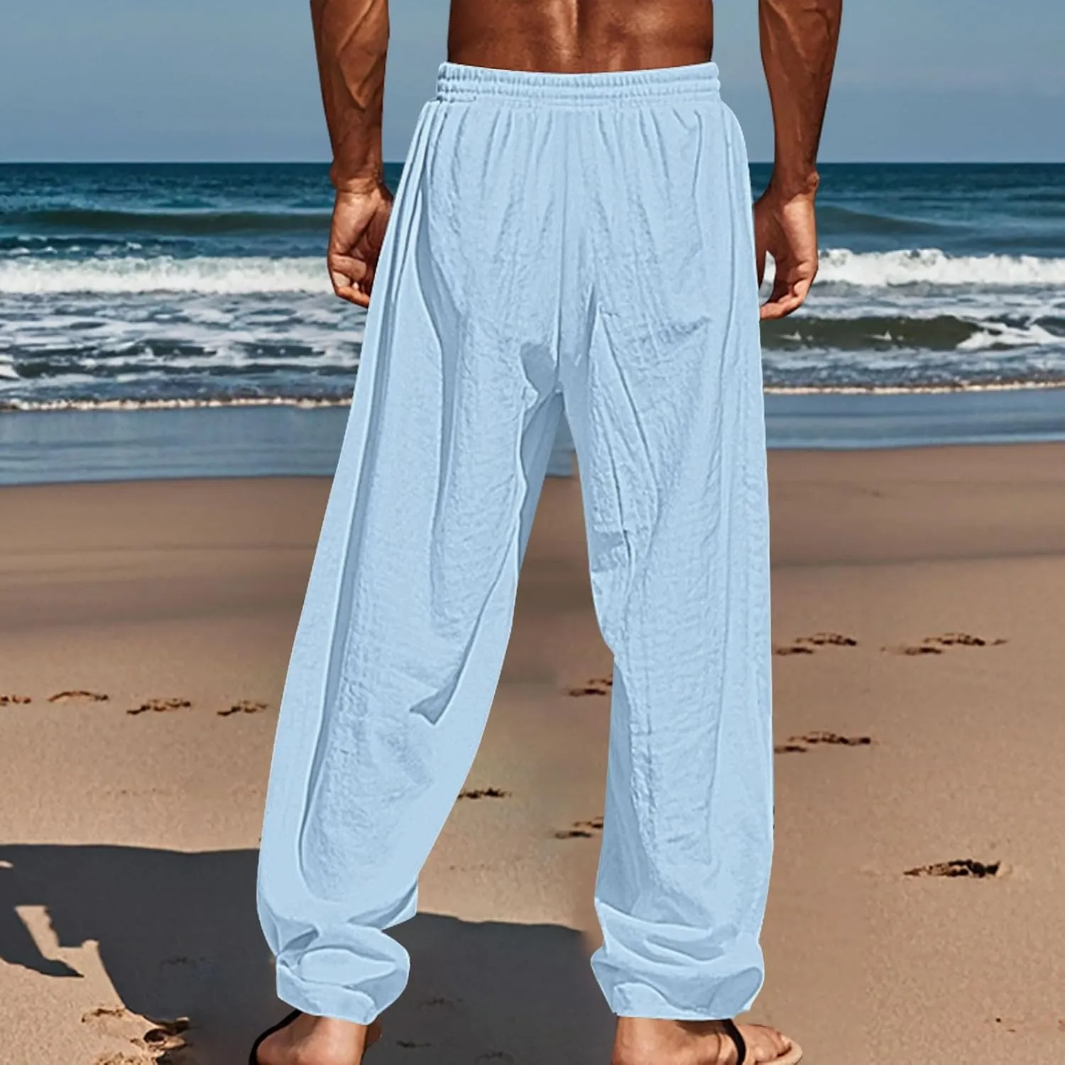 Men Palm Tree Graphic Pants Summer Sea Beach Sun Print Pants Lightweight Vacation Casual Slacks Drawstring Trousers