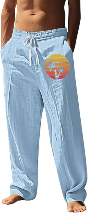 Men Palm Tree Graphic Pants Summer Sea Beach Sun Print Pants Lightweight Vacation Casual Slacks Drawstring Trousers