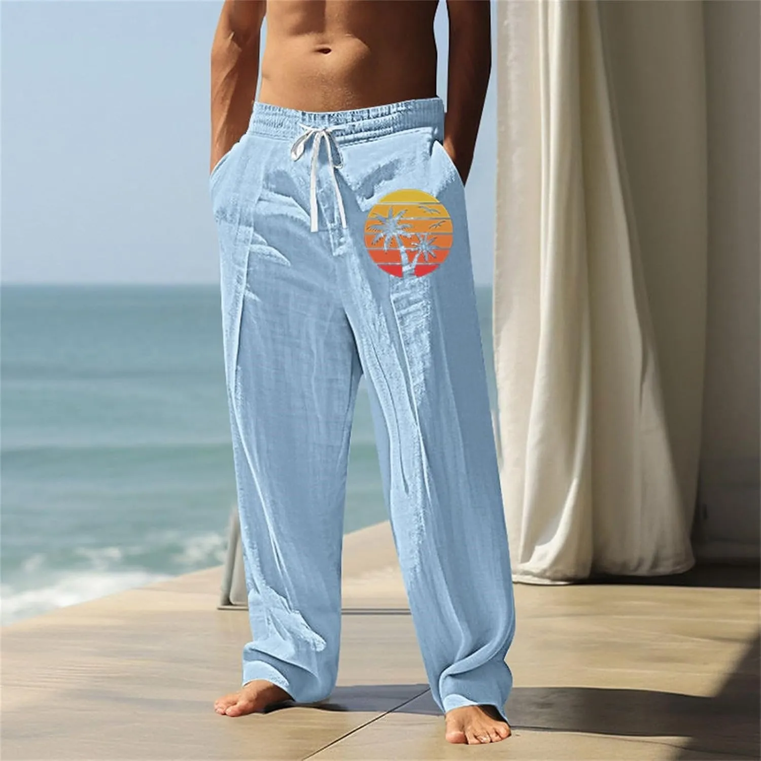 Men Palm Tree Graphic Pants Summer Sea Beach Sun Print Pants Lightweight Vacation Casual Slacks Drawstring Trousers