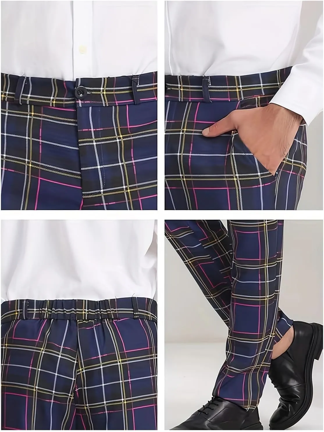 Men Plaid Dress Pants Slim Fit Flat Front Elastic Waistband Suit Trouser Wrinkle Free Chino Pants for Office Business