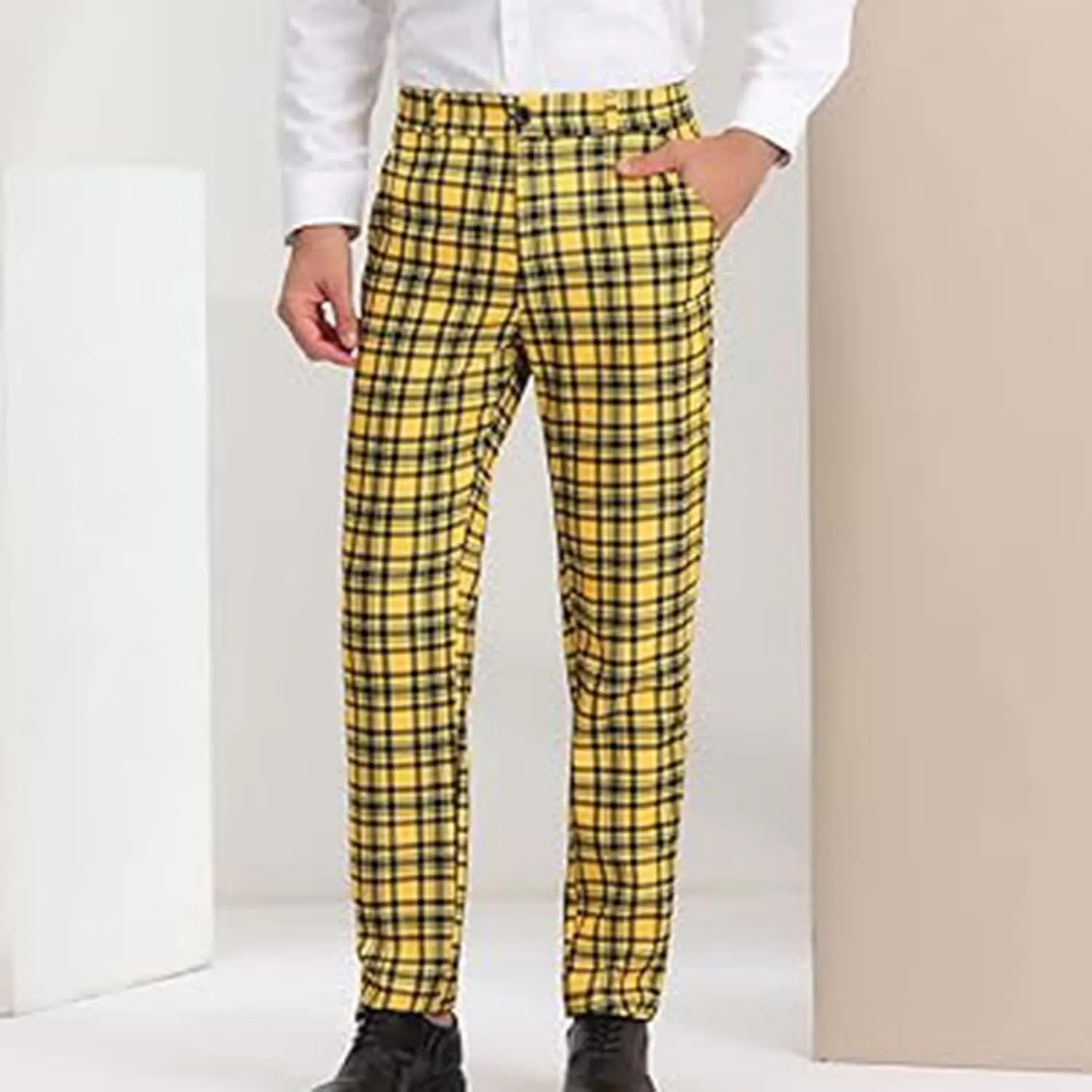 Men Plaid Dress Pants Slim Fit Flat Front Elastic Waistband Suit Trouser Wrinkle Free Chino Pants for Office Business