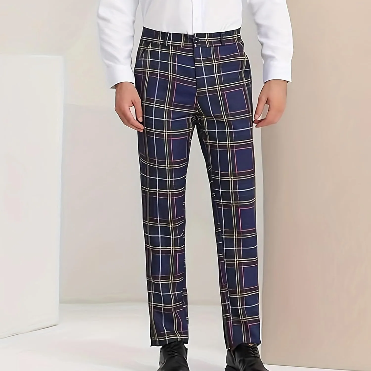 Men Plaid Dress Pants Slim Fit Flat Front Elastic Waistband Suit Trouser Wrinkle Free Chino Pants for Office Business