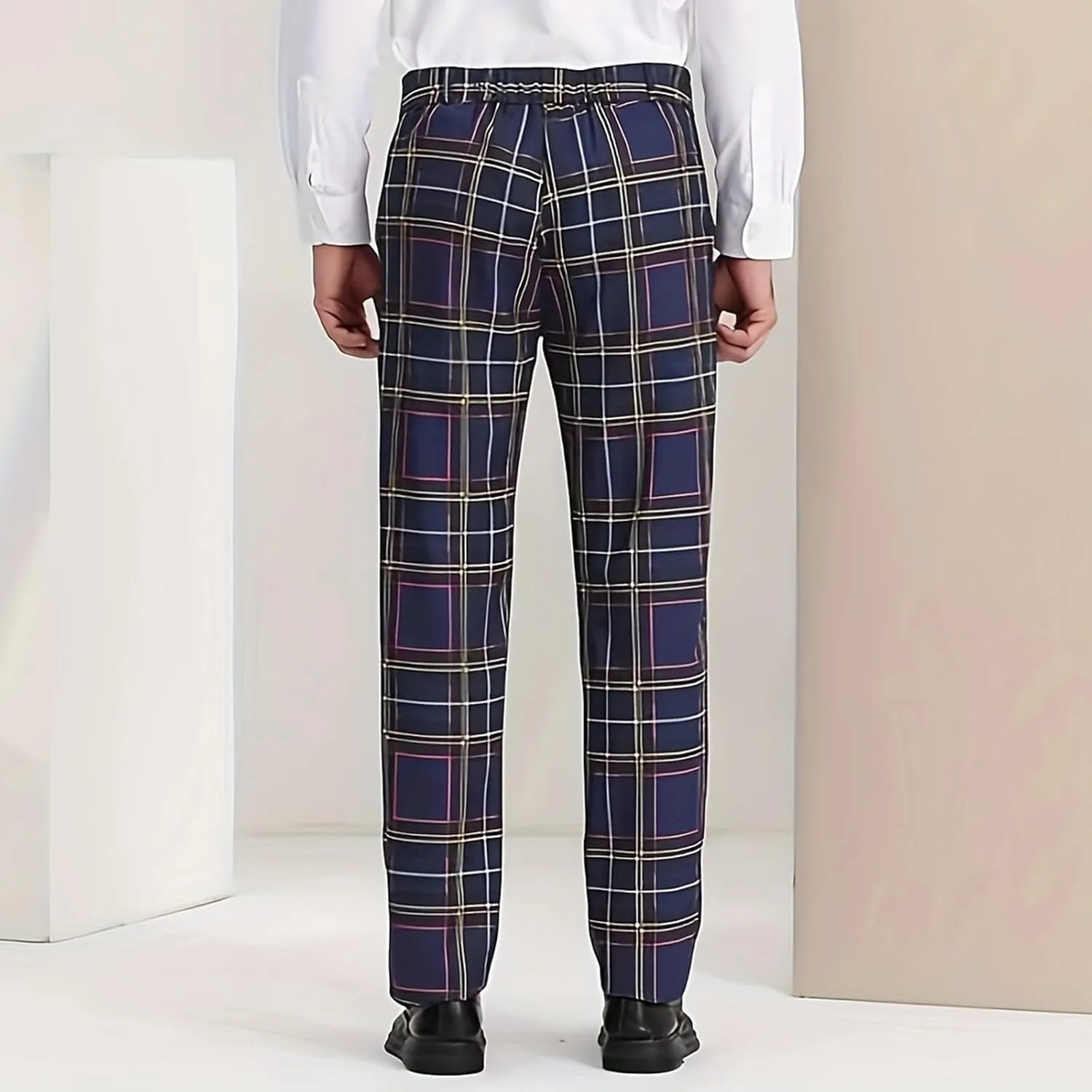 Men Plaid Dress Pants Slim Fit Flat Front Elastic Waistband Suit Trouser Wrinkle Free Chino Pants for Office Business