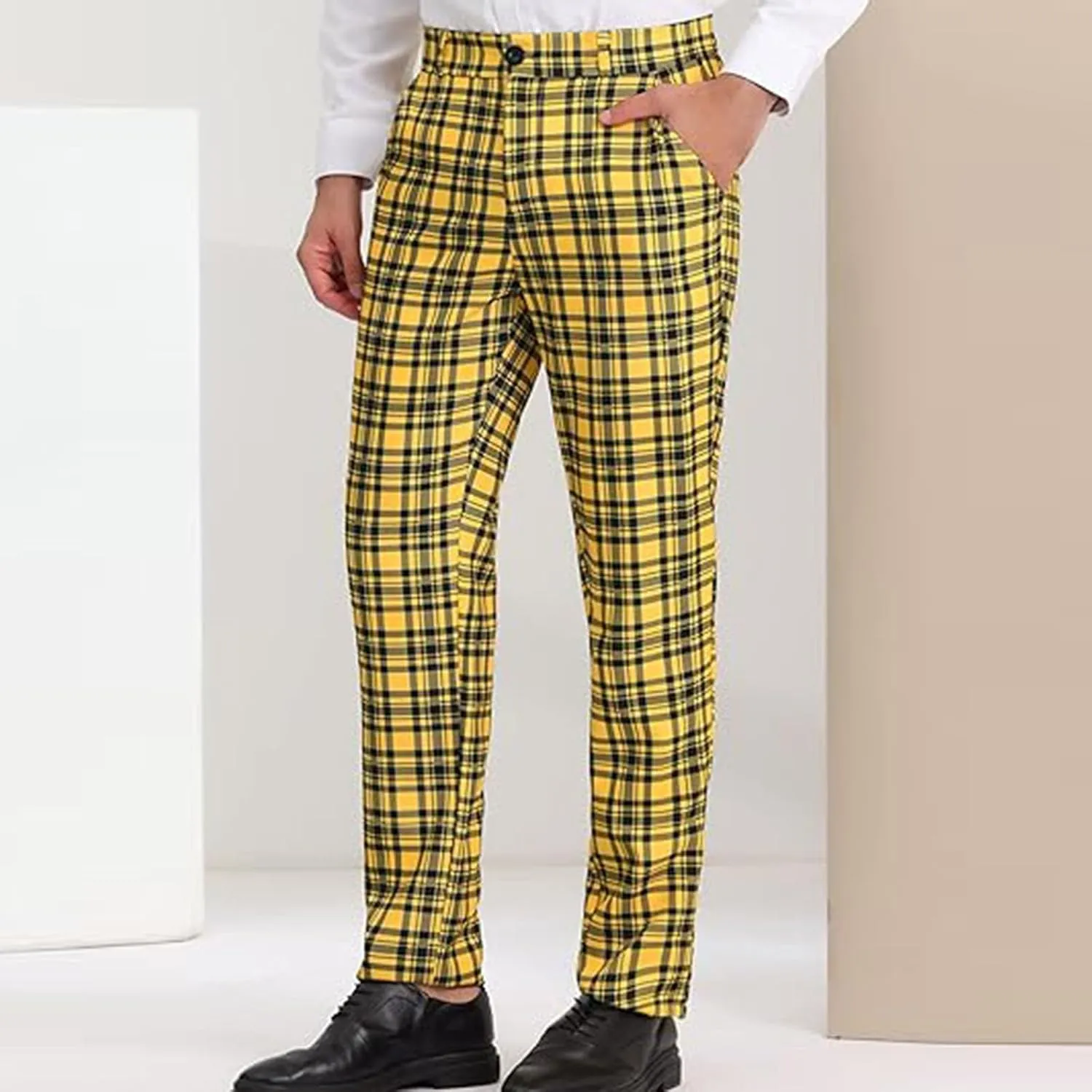 Men Plaid Dress Pants Slim Fit Flat Front Elastic Waistband Suit Trouser Wrinkle Free Chino Pants for Office Business