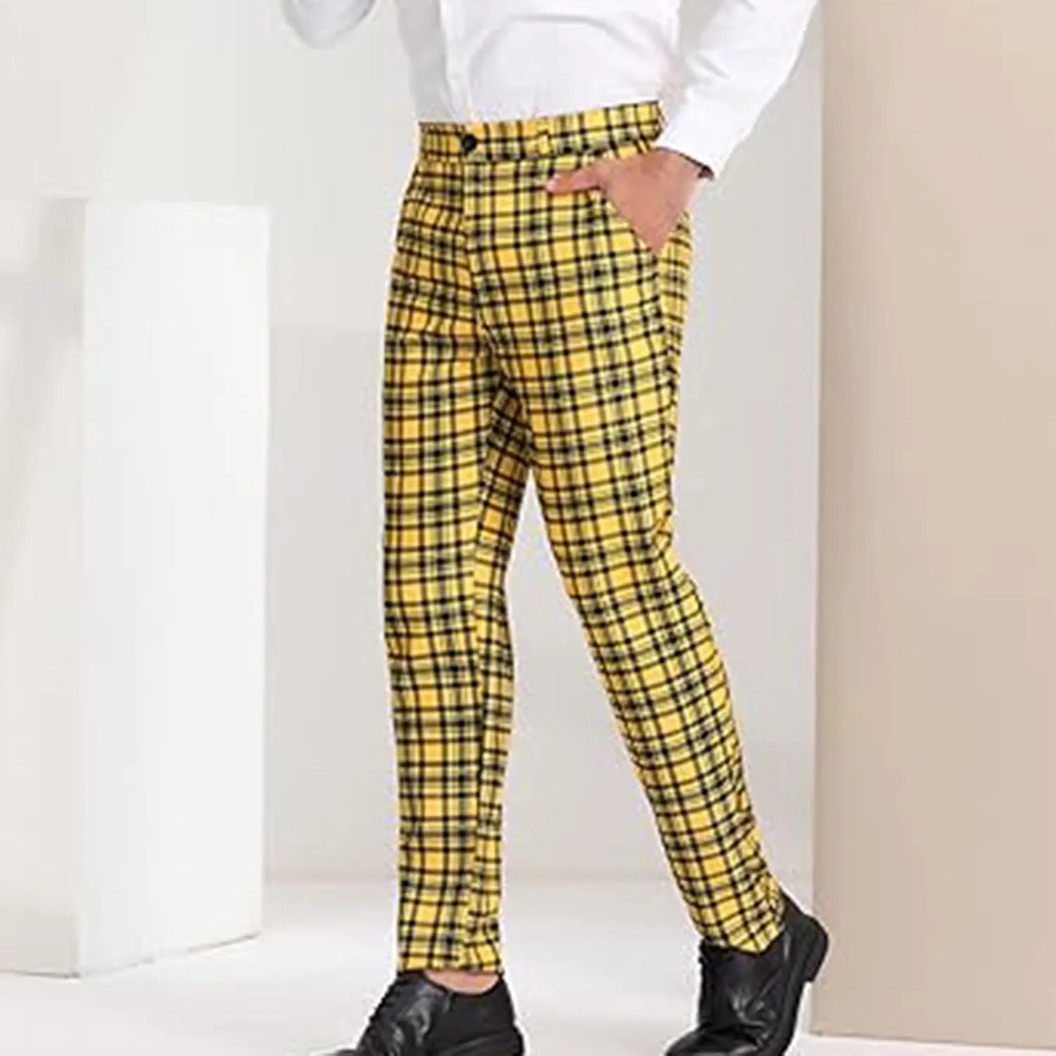 Men Plaid Dress Pants Slim Fit Flat Front Elastic Waistband Suit Trouser Wrinkle Free Chino Pants for Office Business