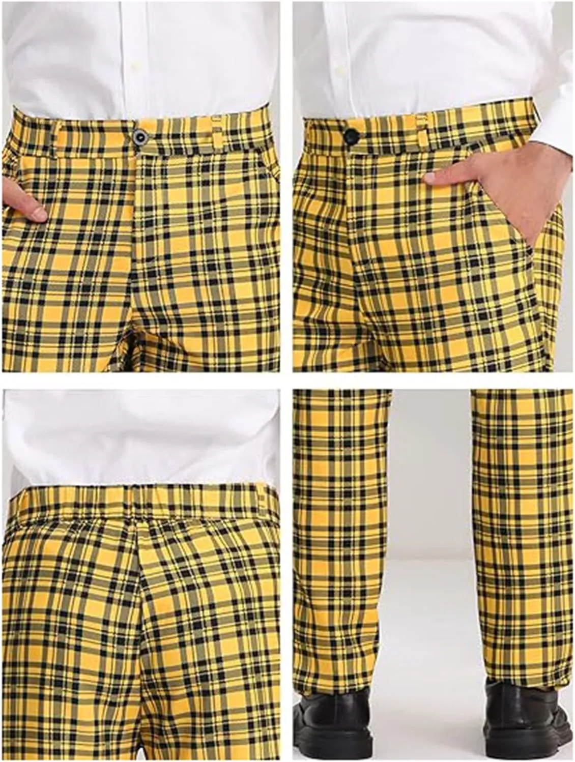 Men Plaid Dress Pants Slim Fit Flat Front Elastic Waistband Suit Trouser Wrinkle Free Chino Pants for Office Business