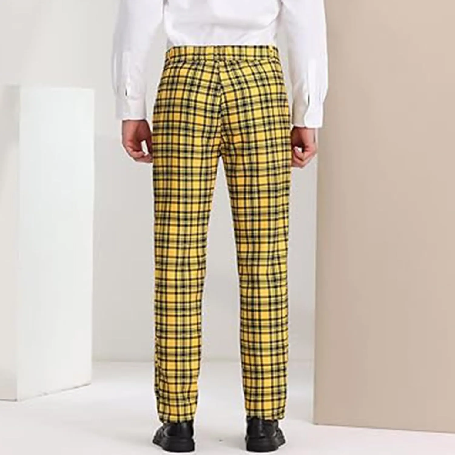 Men Plaid Dress Pants Slim Fit Flat Front Elastic Waistband Suit Trouser Wrinkle Free Chino Pants for Office Business