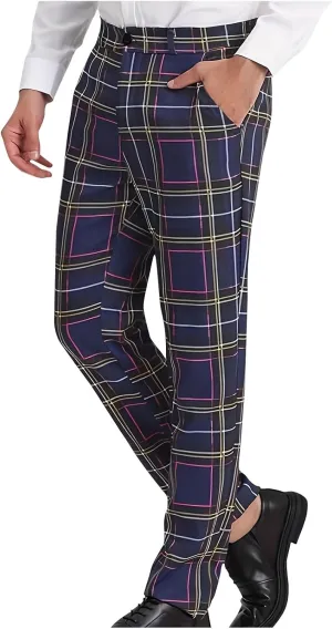 Men Plaid Dress Pants Slim Fit Flat Front Elastic Waistband Suit Trouser Wrinkle Free Chino Pants for Office Business